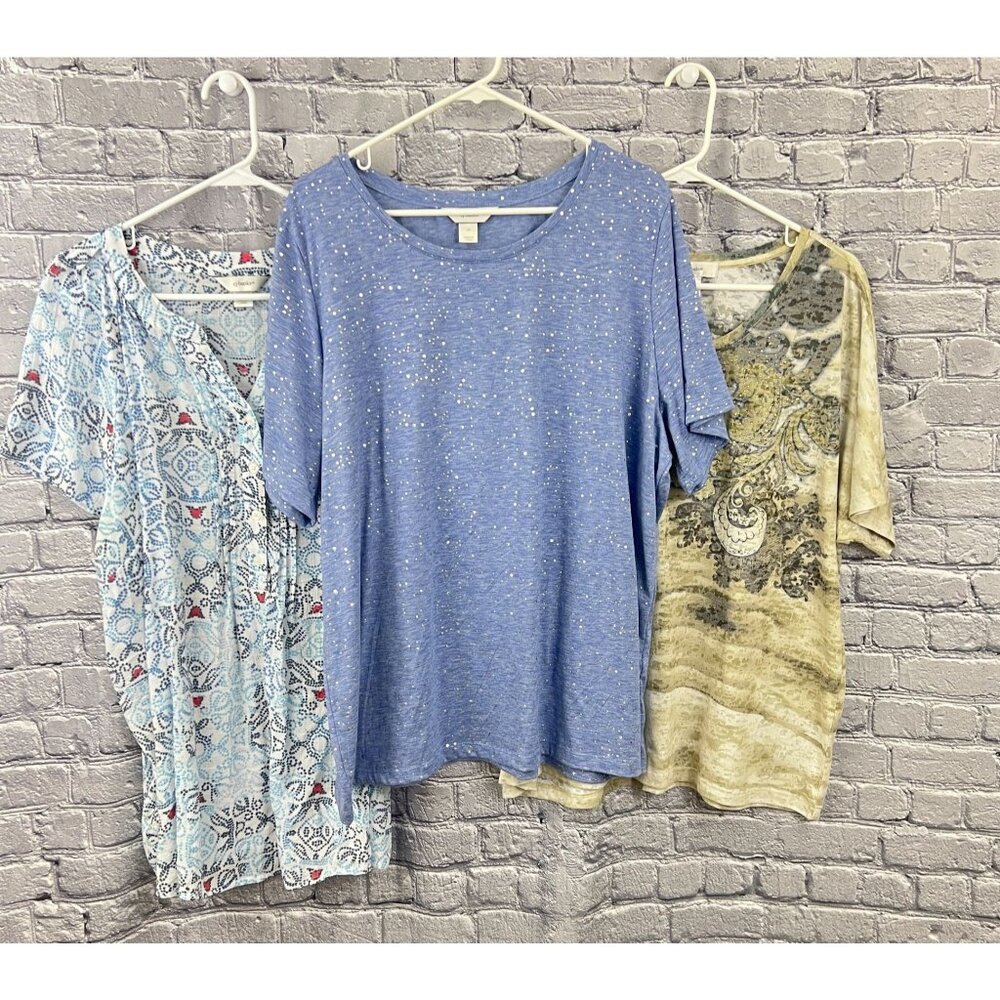 Set Of 3 CJ Banks Womens Short Sleeve Tops 2X Blue & Beige With Sparkle & Print
